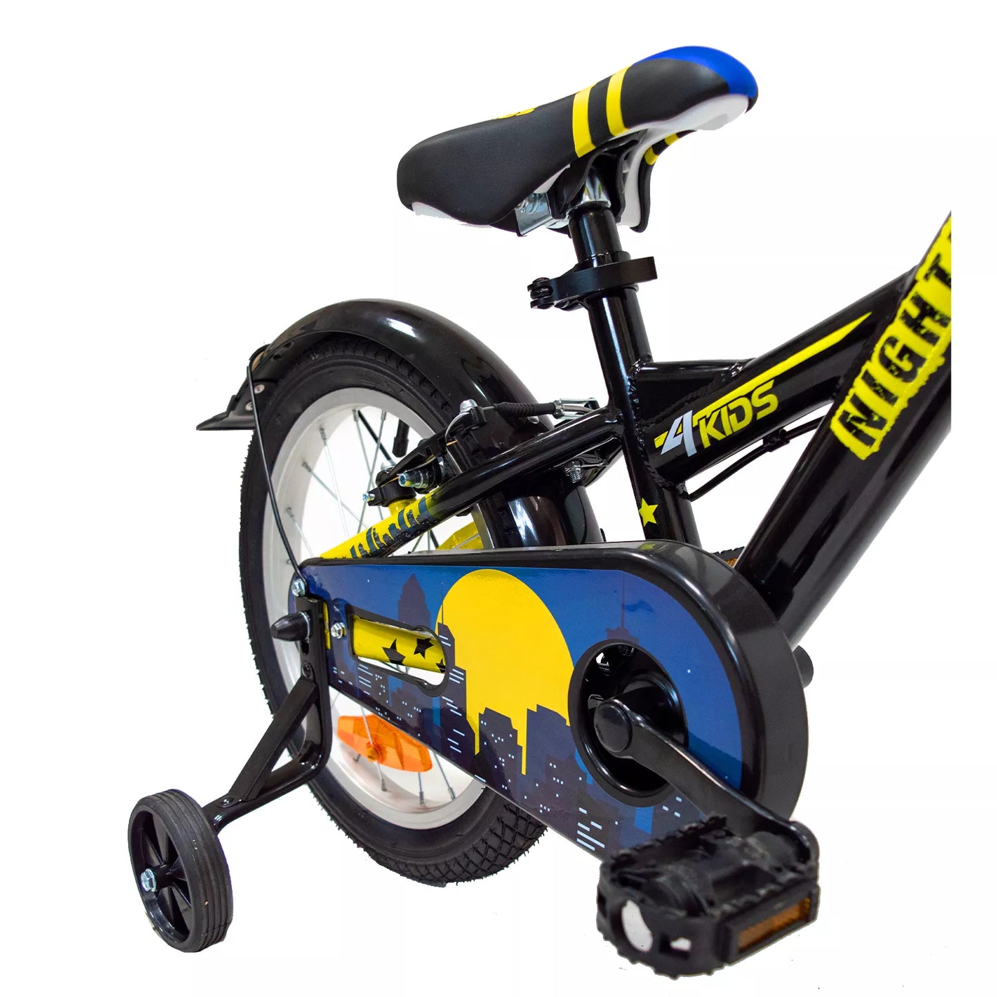 4KIDS Nightman 16" // 1G, dydis 10" (25.5 cm), V-Brake ir Kojinis stabdžiai, plieninis (juoda/mėlyna)