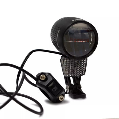 Priekinis žibintas e-dviračiui Prophete LED // 100 LUX 8-48V, su ilgų šviesų jungikliu