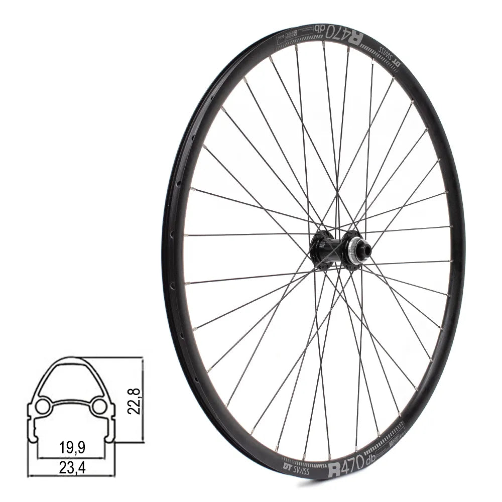 Priekinis ratas DT SWISS R470db 28/29" // diskiniams Center-Lock, 32H, Thru-Axle, be kniedžių, dvigubas, aliuminis