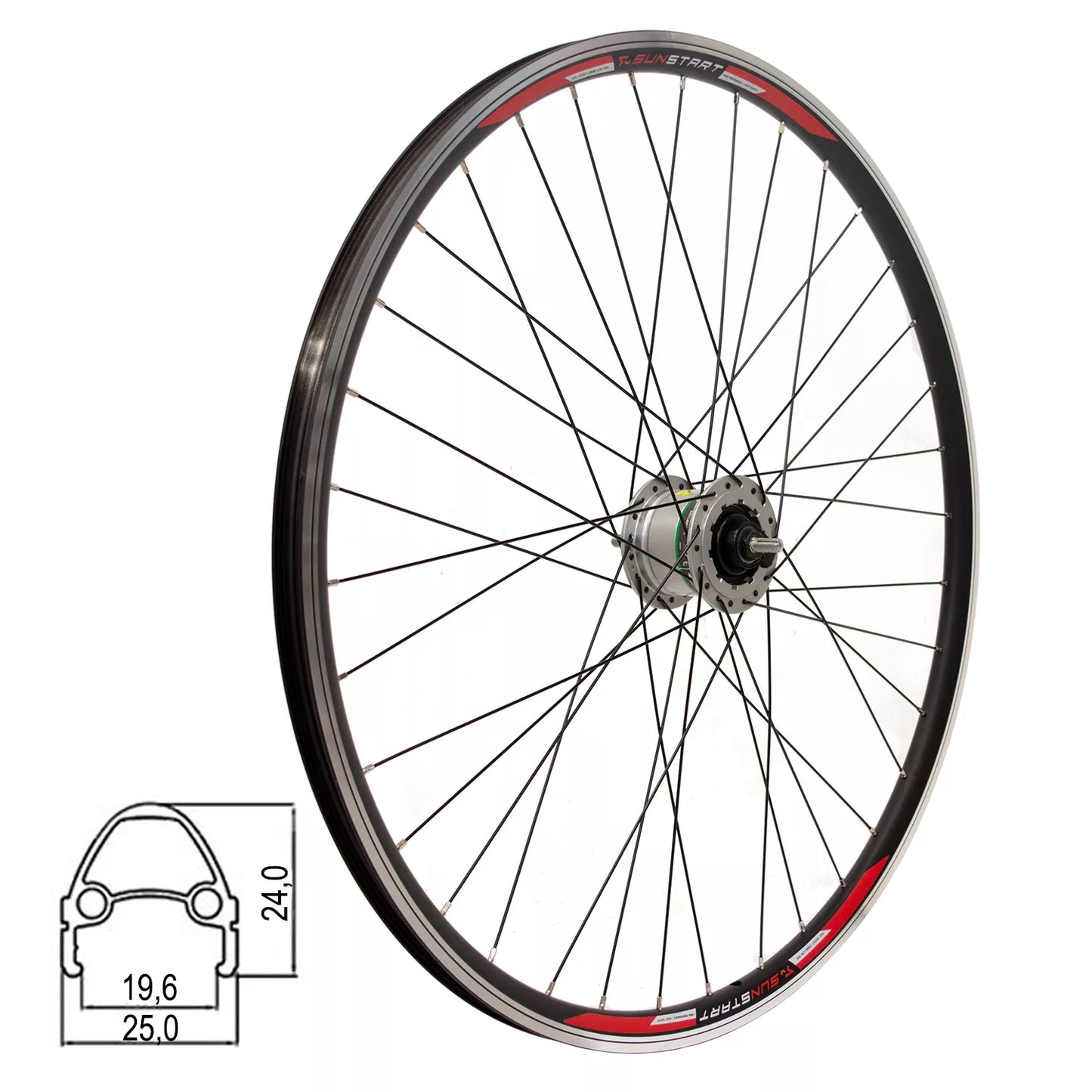 Priekinis ratas Sunstart 28/29" // V-Brake, 36H, dinama Shimano DH-2R30-E 6V/2,4W, veržlė, aliuminis