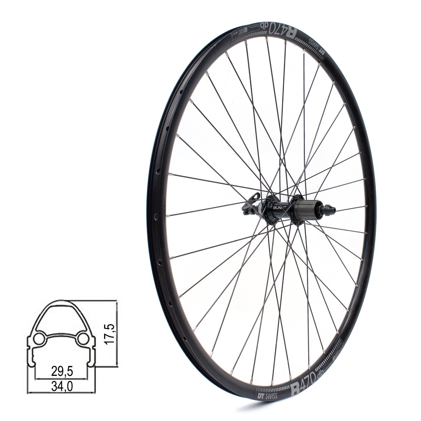 Galinis ratas DT SWISS R470db 28/29" // diskiniams Center-Lock, 32H, kasetė, greitveržlė - QR, be kniedžių, aliuminis