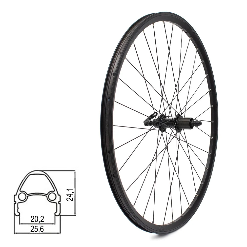 Galinis ratas J19SB 28" // V-Brake stabdžiams, 32H, kasetė, QR, kniedytas, dvigubas, aliuminis