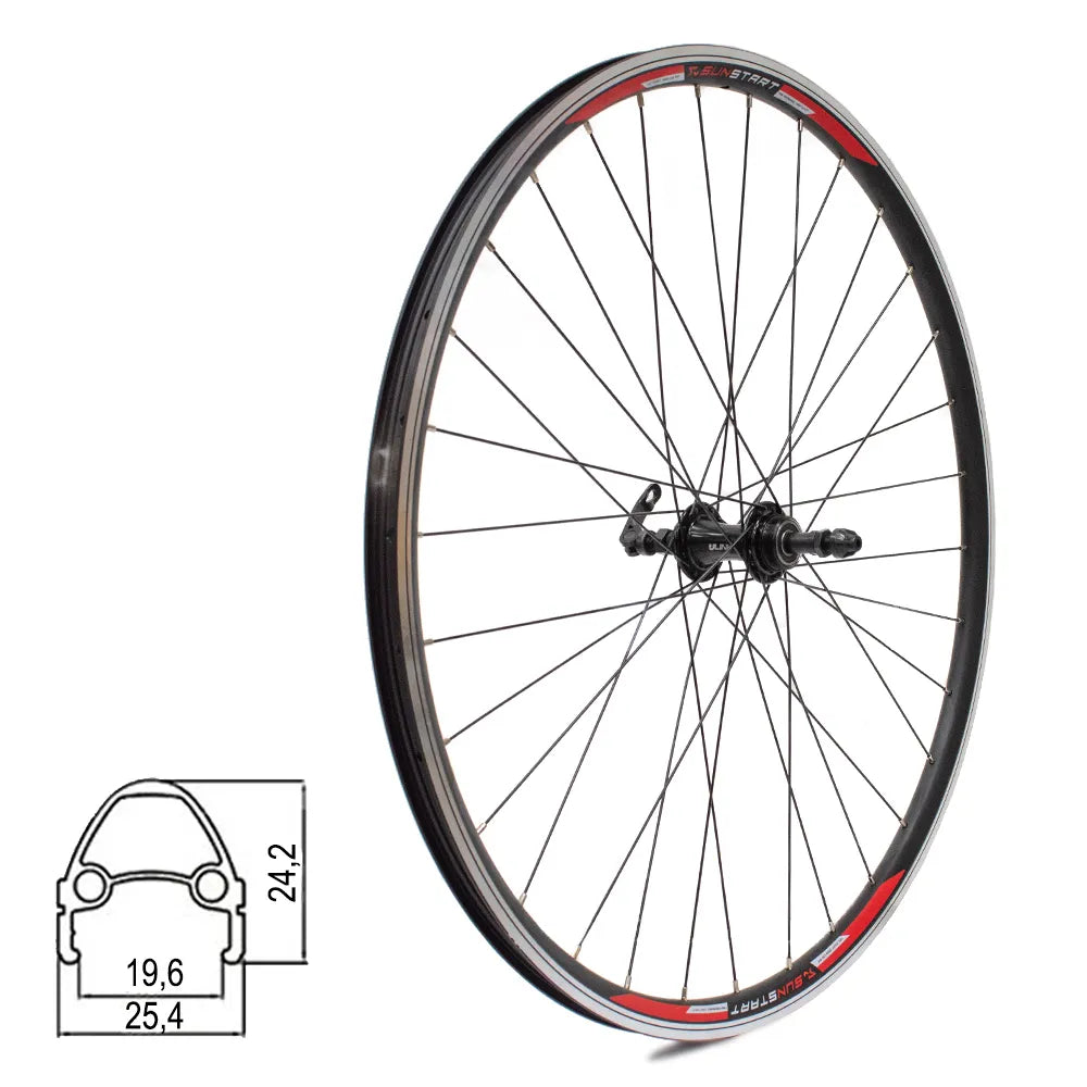 Galinis ratas Sunstart 28" // V-Brake stabdžiams, 32H, užsukamas žvaigždžių blokas, QR, dvigubas, aliuminis