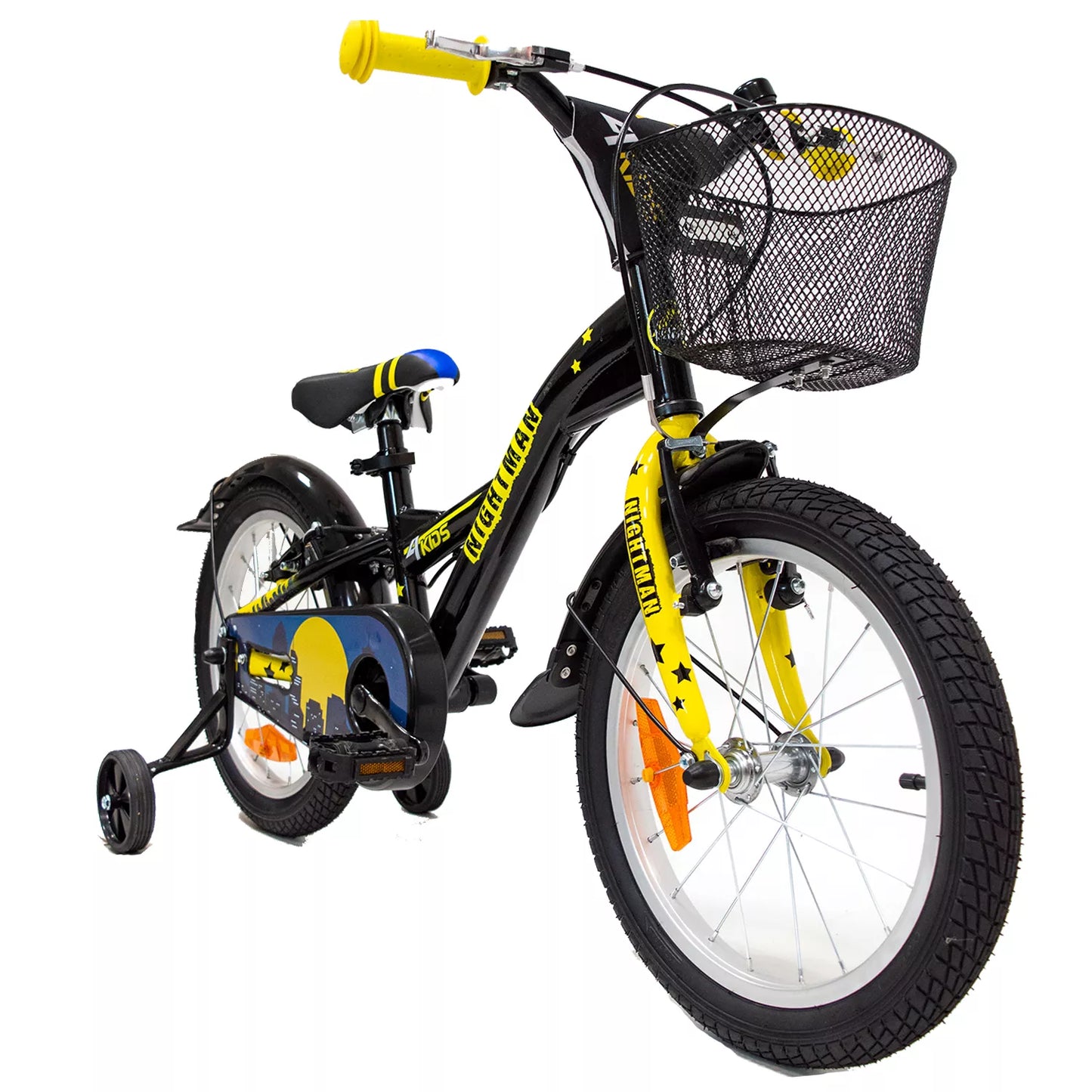 4KIDS Nightman 16" // 1G, dydis 10" (25.5 cm), V-Brake ir Kojinis stabdžiai, plieninis (juoda/mėlyna)