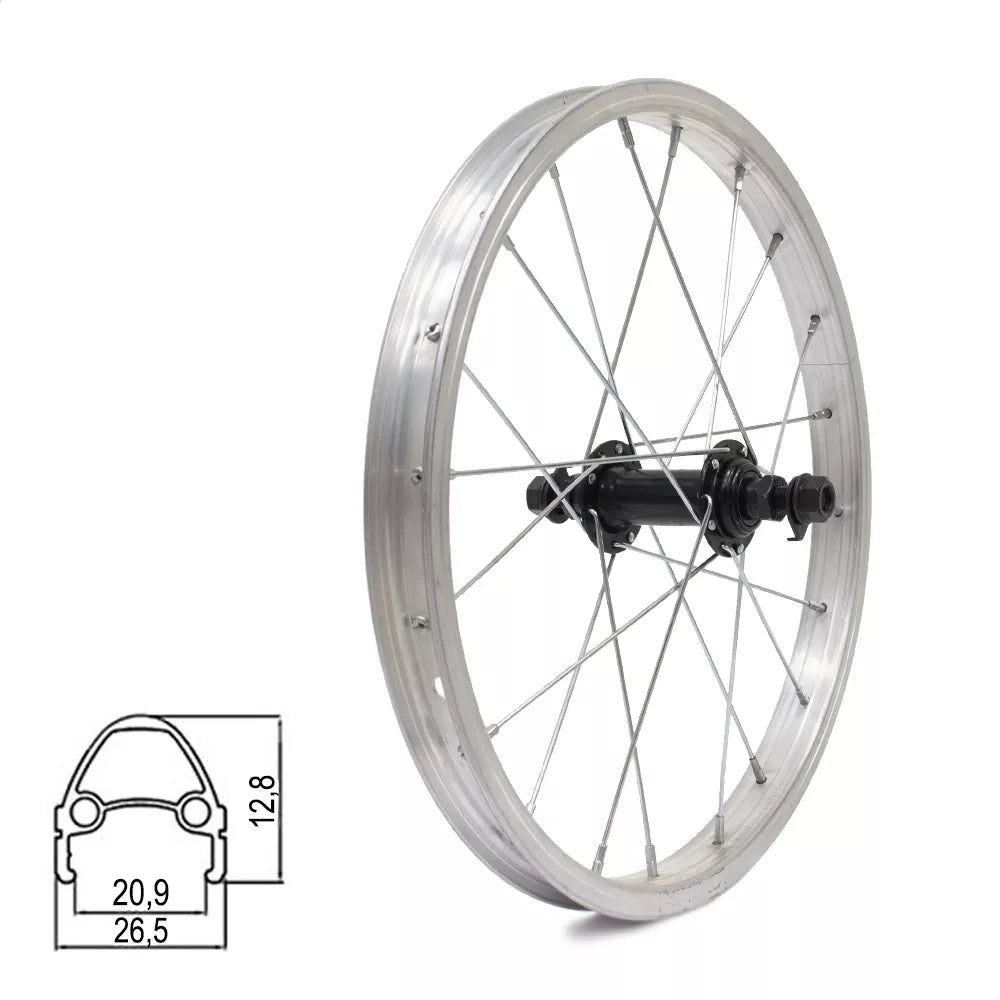Priekinis ratas 16" // 20H, V-Brake, veržlė, viengubas, aliuminis, sidabrinis