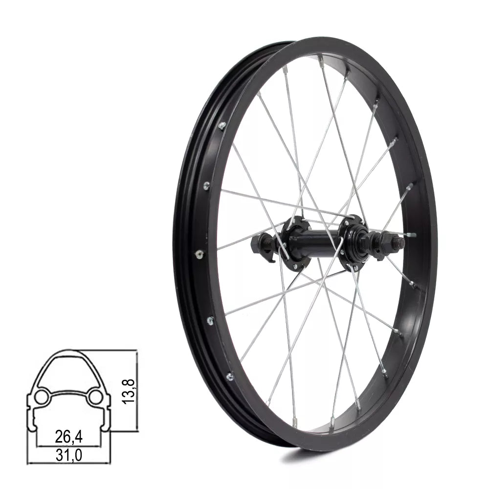 Priekinis ratas 16" // 20H, V-Brake, veržlė, viengubas, aliuminis, juodas matinis