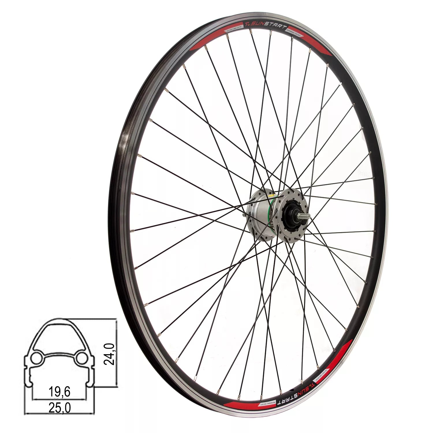 Priekinis ratas Sunstart 28/29" // V-Brake, 36H, dinama Shimano DH-2R30-E 6V/2,4W, veržlė, aliuminis