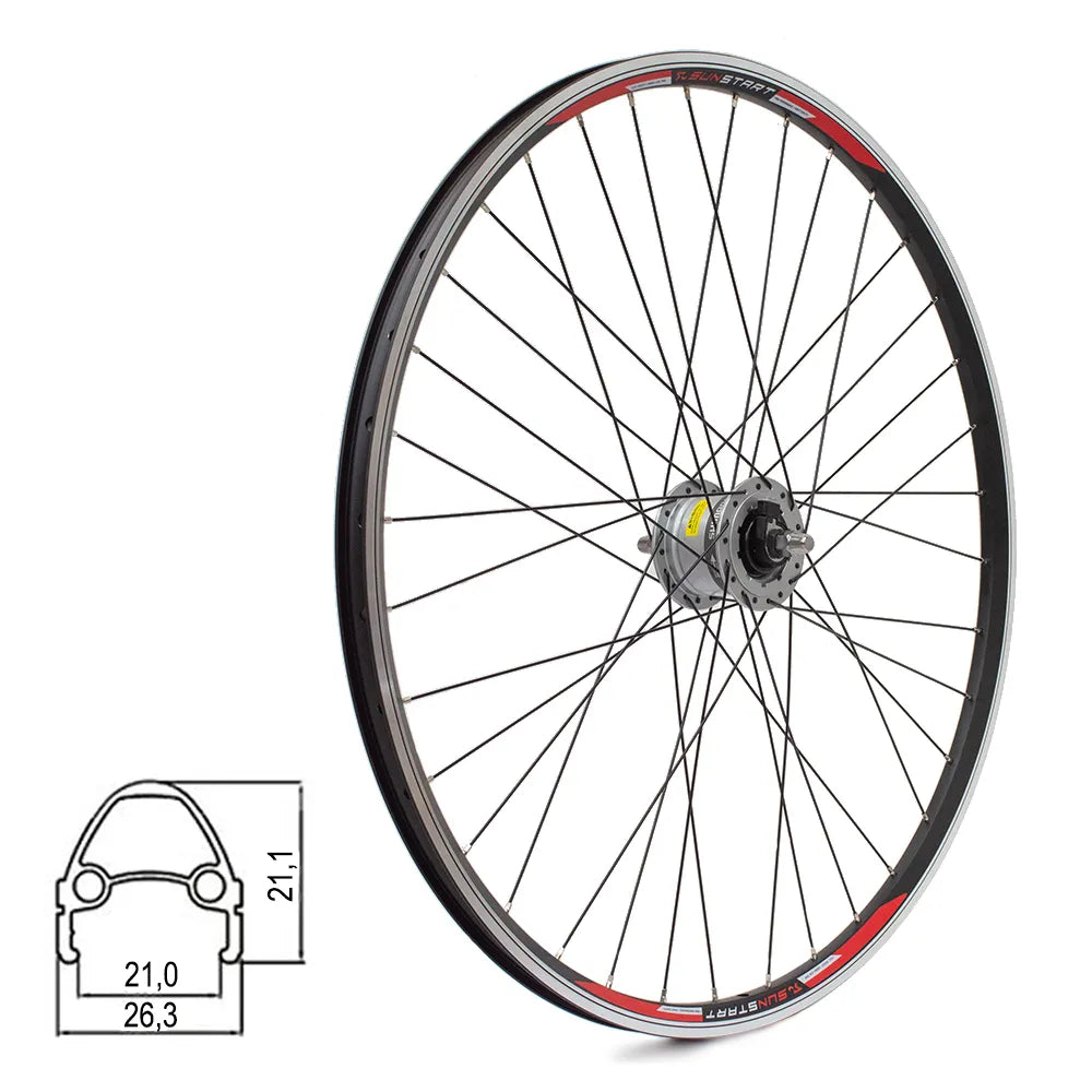 Priekinis ratas Sunstart 28/29" // V-Brake/būgniniams, 36H, su dinama DH-2R35, dvigubas, kniedytas, veržlės, aliuminis