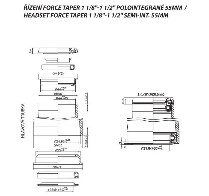 Vairo kolonėlė FORCE TAPER 1 1/8"-1 1/2" pusiau integruota 55 mm (aliuminė, juoda)