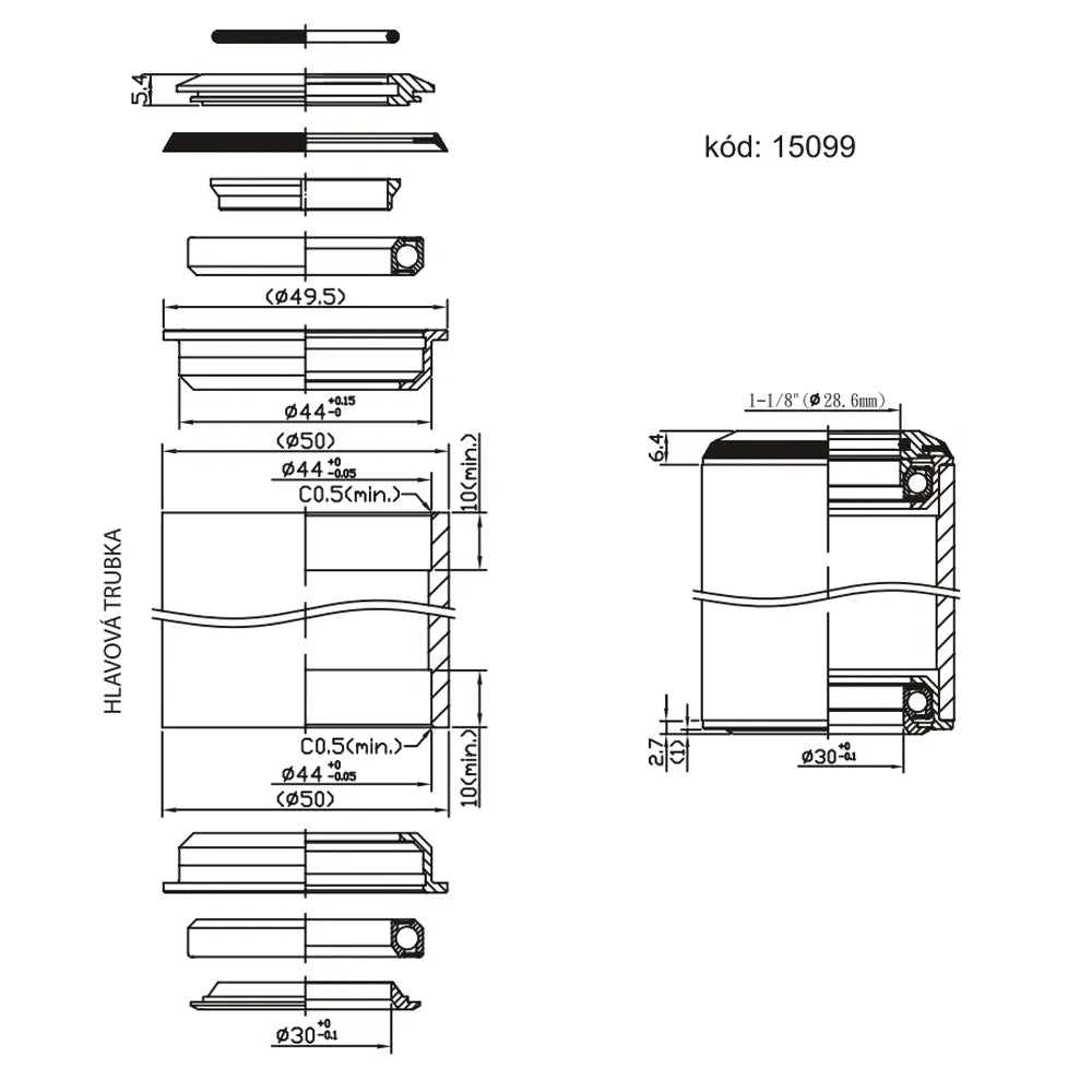Vairo kolonėlė FORCE AHEAD 1 1/8" pusiau integruota 44 mm (aliuminė, juoda)