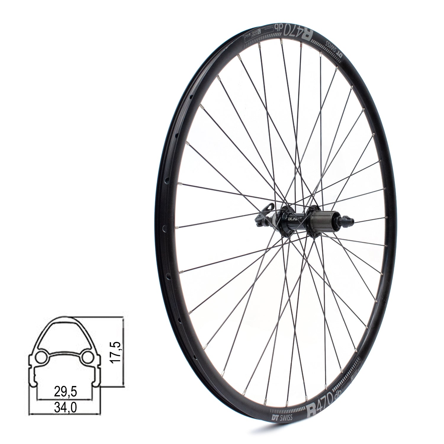 Galinis ratas DT SWISS R470db 28/29" // diskiniams Center-Lock, 32H, kasetė, greitveržlė - QR, be kniedžių, aliuminis