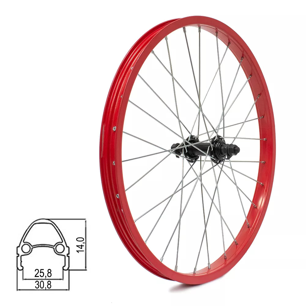Galinis ratas 20" // V-Brake, 28H, užsukamam žvaigždžių blokui, viengubas, raudonas, aliuminis
