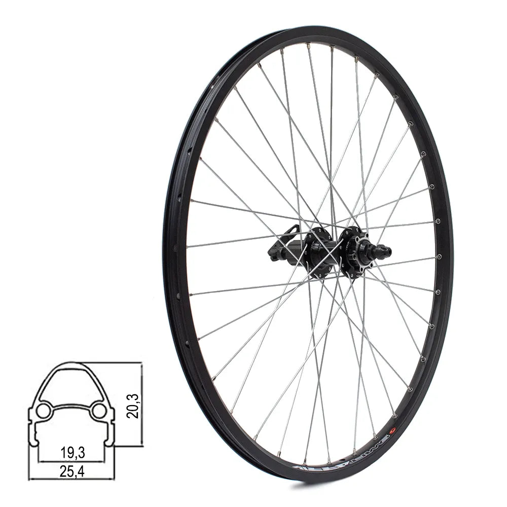Galinis ratas 26" // diskiniams 6 varžtų stabdžiams, 32H, kasetė, QR, kniedytas, dvigubas, aliuminis