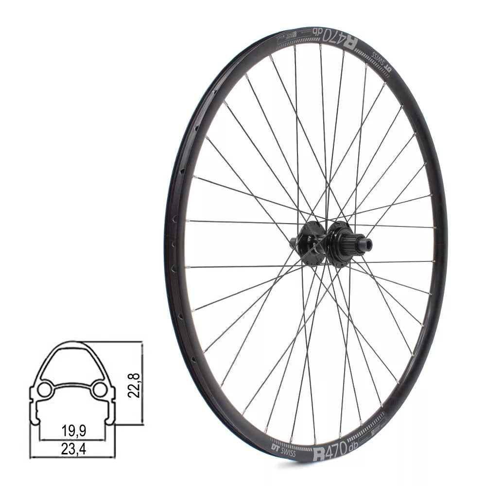 Galinis ratas DT SWISS R470db 28/29" // diskiniams Center-Lock, 32H, kasetė, Thru-Axle, be kniedžių, aliuminis