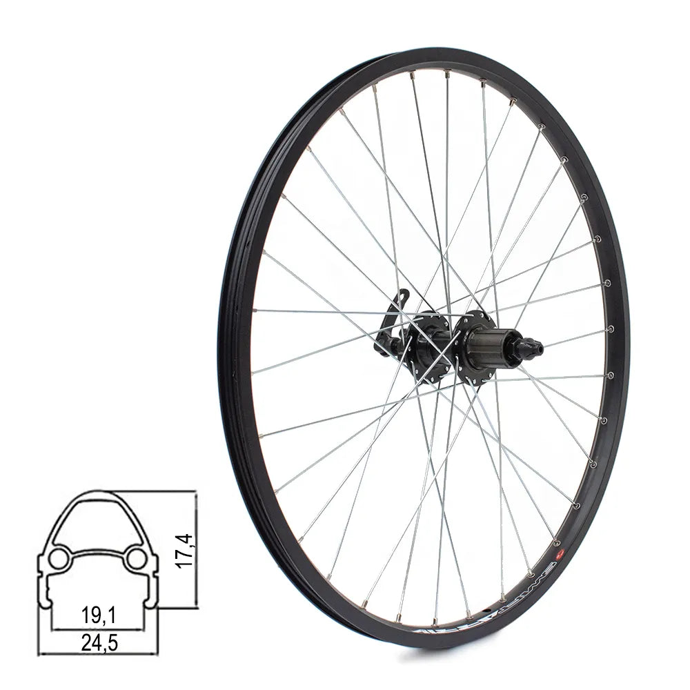 Galinis ratas J19SB 24" // diskiniams 6 varžtų stabdžiams, 32H, kasetė, QR, kniedytas, dvigubas, aliuminis