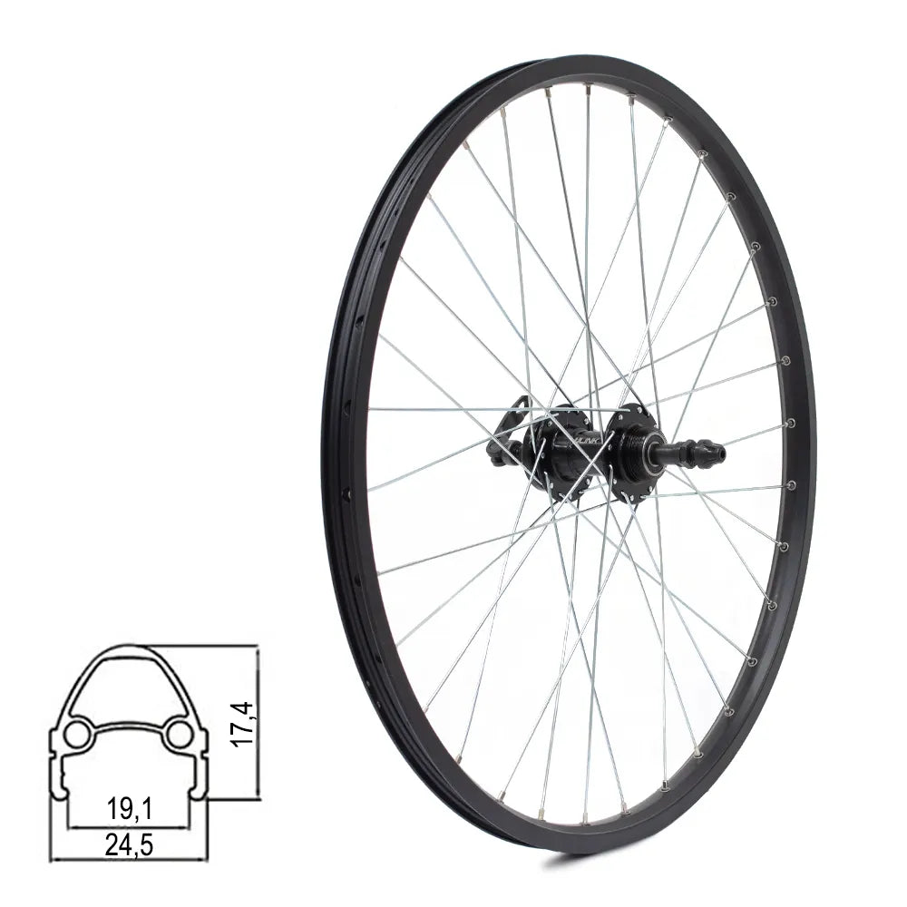 Galinis ratas J19SB 24" // diskiniams 6 varžtų stabdžiams, 32H, užsukamas žv. blokas, QR, kniedytas, dvigubas, aliuminis