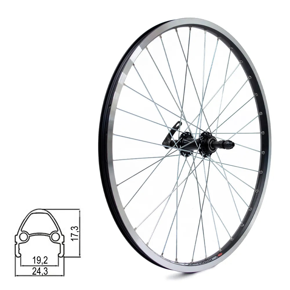 Galinis ratas J19SB 24" // V-Brake, 32H, užsukamas žv. blokas, QR, kniedytas, dvigubas, aliuminis
