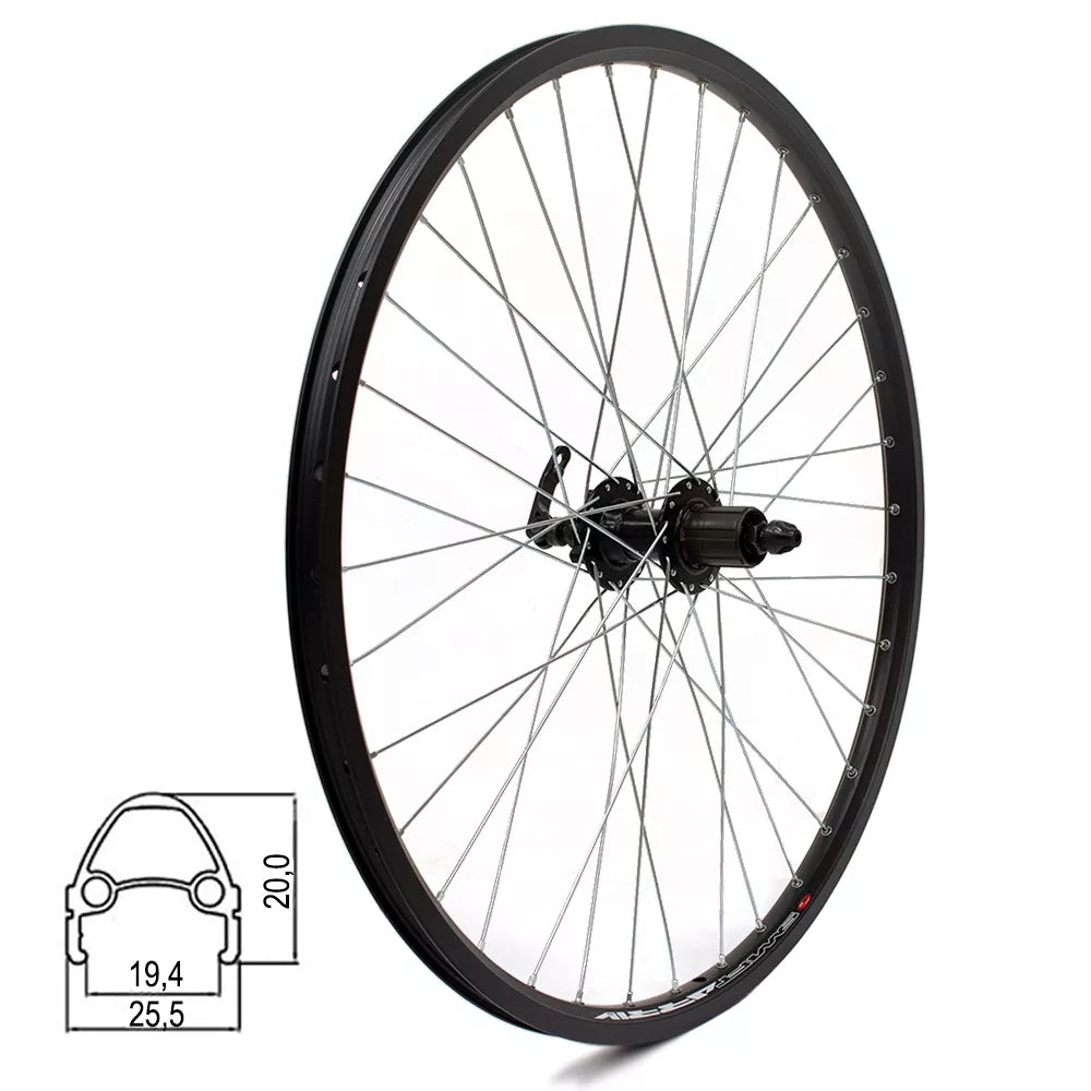 Galinis ratas J19SB 26", d-brake 6B, 36H, kasetė, QR