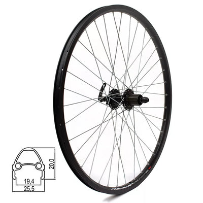 Galinis ratas J19SB 26", d-brake 6B, 36H, kasetė, QR