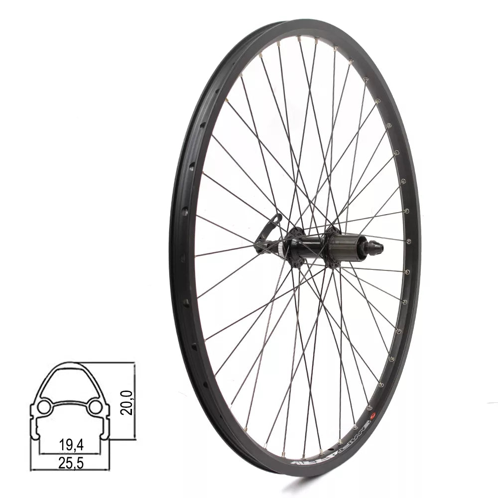 Galinis ratas J19SB 26", d-brake CL, 36H, kasetė, QR