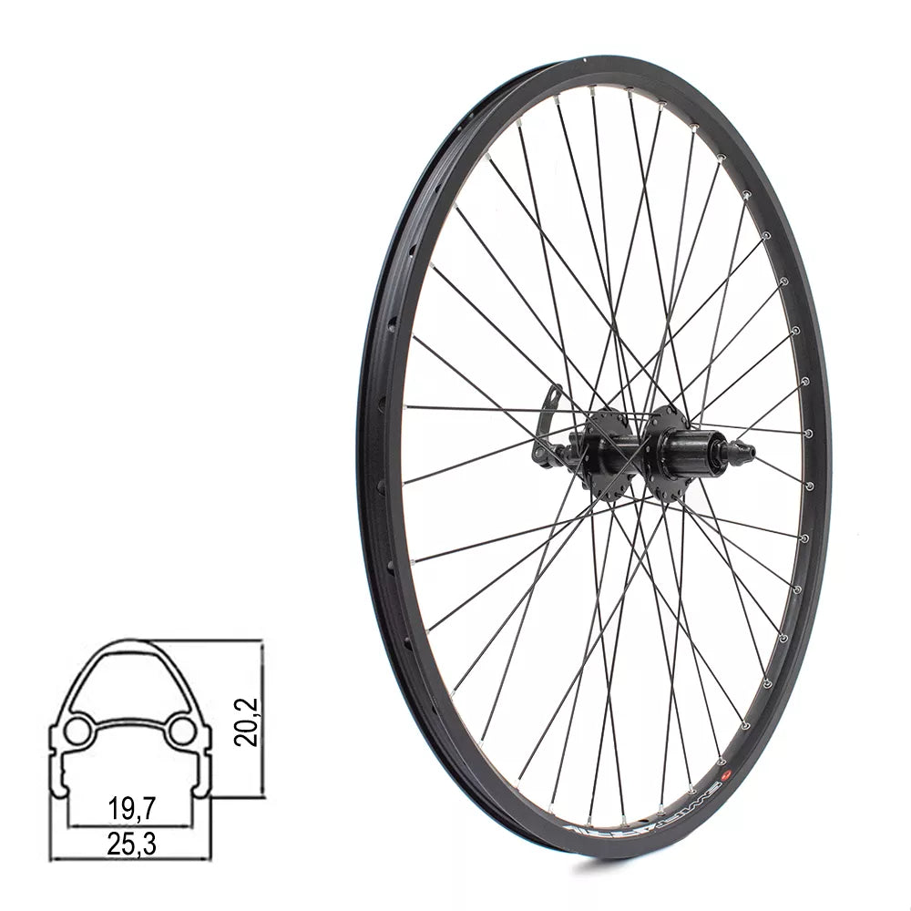 Galinis ratas J19SB 26" // diskiniams 6 varžtų, 32H, kasetė, QR, kniedytas, dvigubas, aliuminis