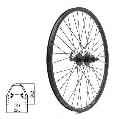 Galinis ratas J19SB 26" // diskiniams 6 varžtų, 32H, kasetė, QR, kniedytas, dvigubas, aliuminis