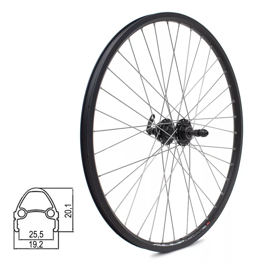 Galinis ratas J19SB 26" // diskiniams 6 varžtų, 36H, užsukamas žvaigždžių blokas, greitveržlė, aliuminis