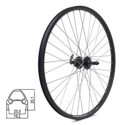 Galinis ratas J19SB 26" // diskiniams 6 varžtų, 36H, užsukamas žvaigždžių blokas, greitveržlė, aliuminis