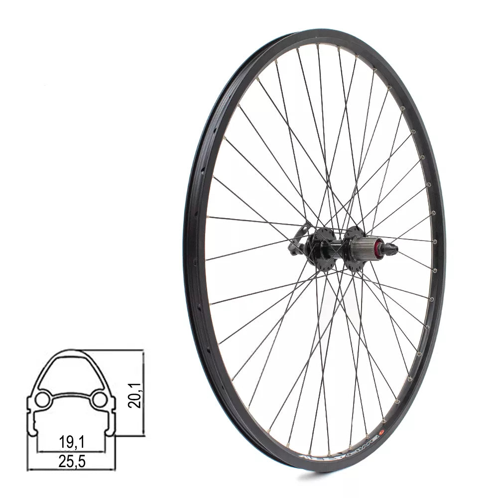 Galinis ratas J19SB 28/29" // diskiniams 6 varžtų, 36H, kasetė, QR, dvigubas, kniedytas, aliuminis
