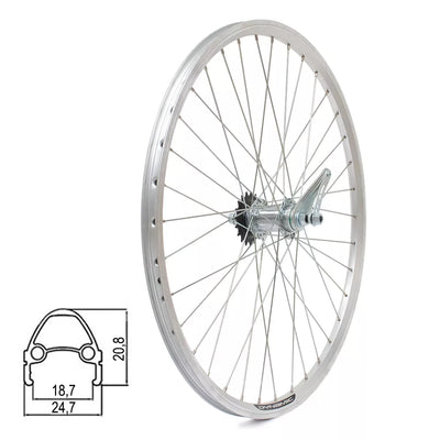 Galinis ratas Dynamic 26" // V-Brake + kojinis stabdis, 36H, 1 pav. 19T, dvigubas ratlankis, be kniedžių, veržlė, aliuminis