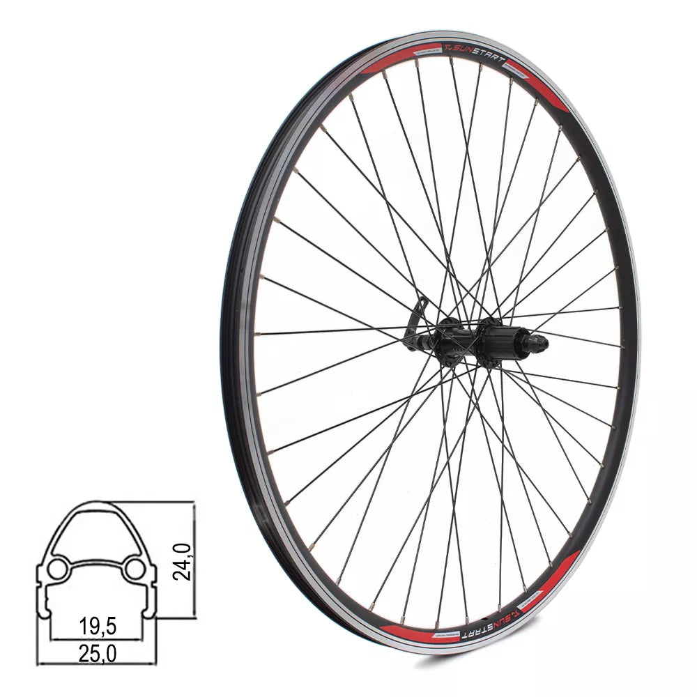 Galinis ratas Sunstart 28" // V-Brake, 36H, kasetė, greitveržlė, aliuminis