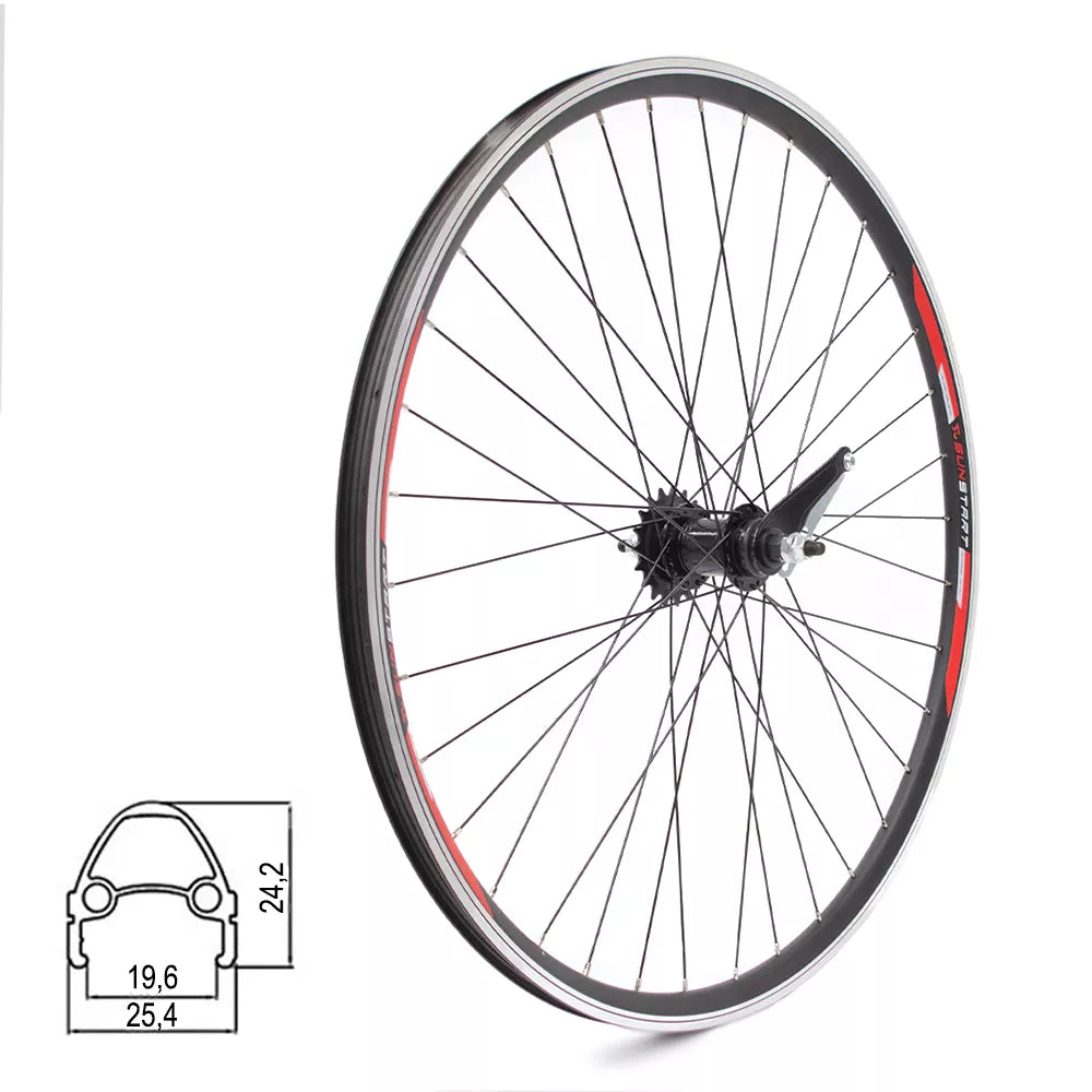 Galinis ratas Sunstart 28" // V-Brake + Kojinis, 19T, 36H, dvigubas, veržlė, be kniedžių, aliuminis